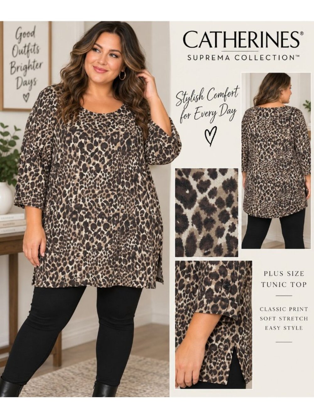Catherines Suprema Tunic Top 3X 26 28W Leopard Animal Print Cotton Stretch